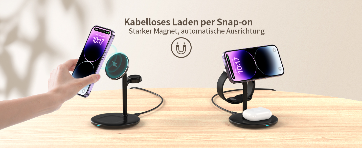 3-в-1 індукційна зарядка для декількох пристроїв, 15W MagSafe зарядка для iPhone 15/14, MagSafe зарядний пристрій для iWatch Ultra 2/1/Series 9/8, AirPods, білий/чорний