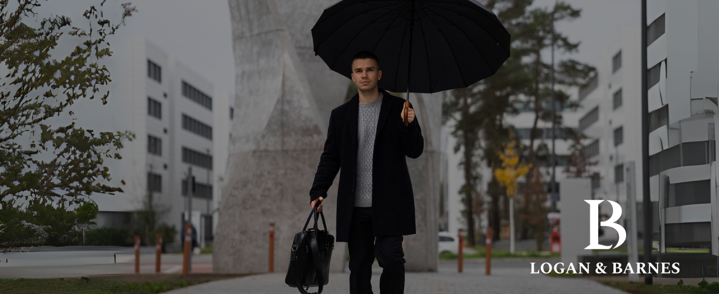 Edinburgh Windproof Umbrella - Large 16-Rib Black Umbrella with Wooden Handle & Silent Tip - LOGAN & BARNES