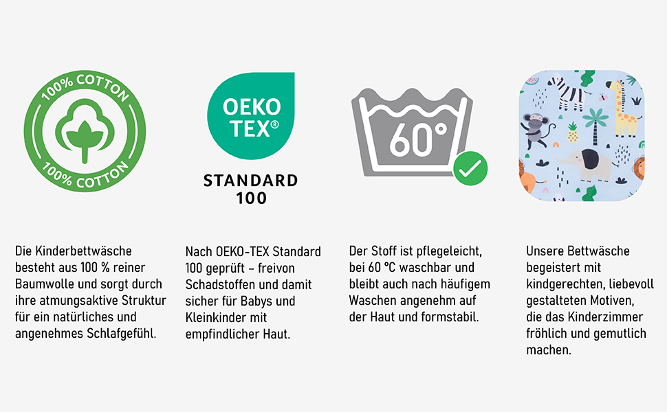Комплект постільної білизни для дитячого ліжечка Kinder з 100% бавовни (100x135 см) з тваринами. Підходить для хлопчиків, легко періть при 60°C. Включає постільну білизну та подушку (40x60 см).