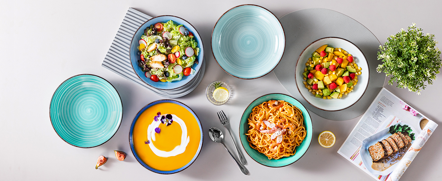 Набір Suppenteller Vancasso Bonita (6 шт.) з кераміки: тарілки для супу, пасти, спагеті, рамену, салатів, універсальні (1.4 л, блакитні)