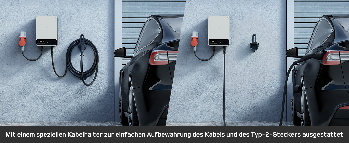 Wallbox 11 кВт з APP, кабель Type 2 7.5м з тримачем, 3-фазний зарядний пристрій для електромобілів (6-16A, 400V), BEV/PHEV, RCD Type A 30mA AC + 6mA DC, IP54, чорний. CEE 22кВт, 10м білий.