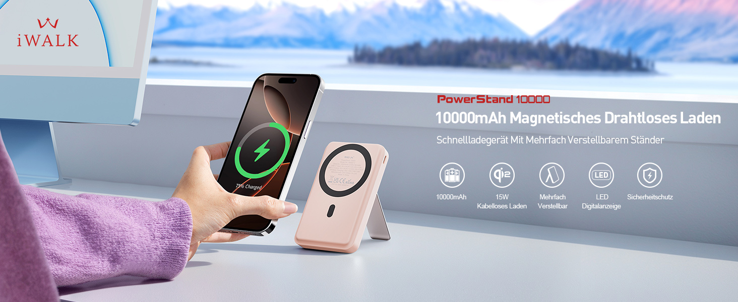 Магнітний бездротовий павербанк iWALK Magnetic 15W 10000mAh, Qi2 сертифікований, з LED-дисплеєм та підставкою, швидка зарядка для iPhone 16/15/14/13/12 Pro Max/Plus/Mini, Рожевий