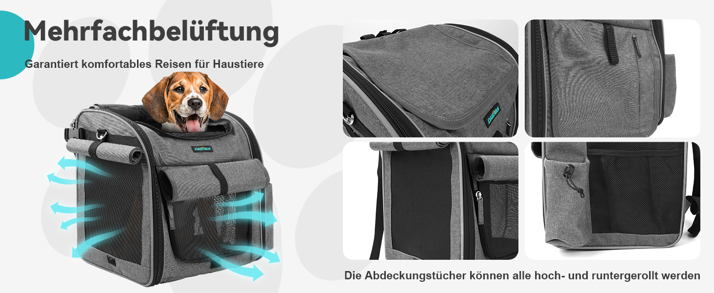 Корзина для собак на велосипед, до 10 кг, складана, дихаюча, 4-в-1 (рюкзак, сумка на плече, автокрісло), міцна L-подібна кріплення Φ55mm, зручна подушка, світловідбиваючі смуги