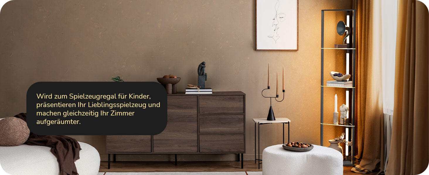 Стійка лампа EDISHINE з 4 полицями з дерева, LED диммер, 3 колірні температури, поворотний світловий маніпулятор, підсвічування полиць, футовий вимикач (чорний+скло)