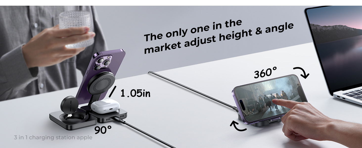 Зарядний станція 3-в-1 для Apple: Apple Watch, iPhone (Magsafe), AirPods. Підтримка iPhone 16 Pro Max, 15, 14, 13, 12