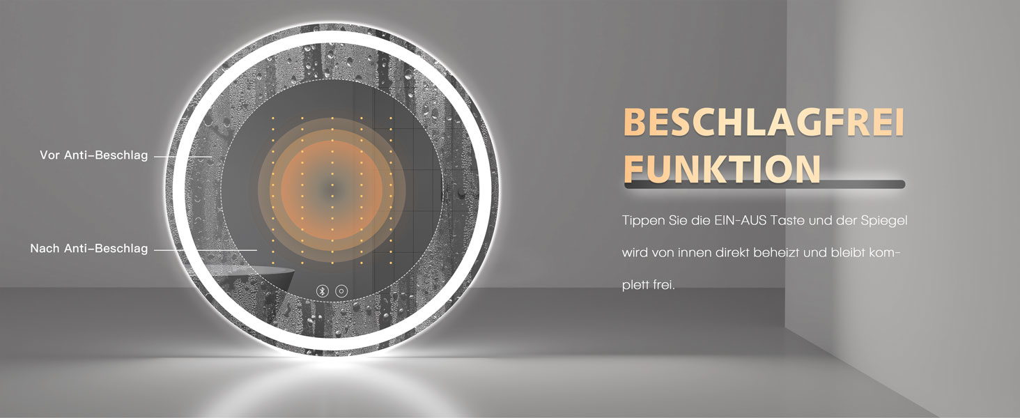 Дзеркало для ванної кімнати Dripex круглої форми з підсвічуванням LED, сенсорне керування, регулювання яскравості, 3 кольори світла, запобігання запотіванню, 60x60 см (Bluetooth, запобігання запотіванню, 3 кольори, регулювання яскравості)