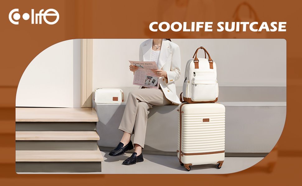 Валізи COOLIFE з ABS пластику, жорсткий корпус, 4 колеса, TSA-замок, комплект 3в1: велика валіза, рюкзак та косметичка, біло-коричневий