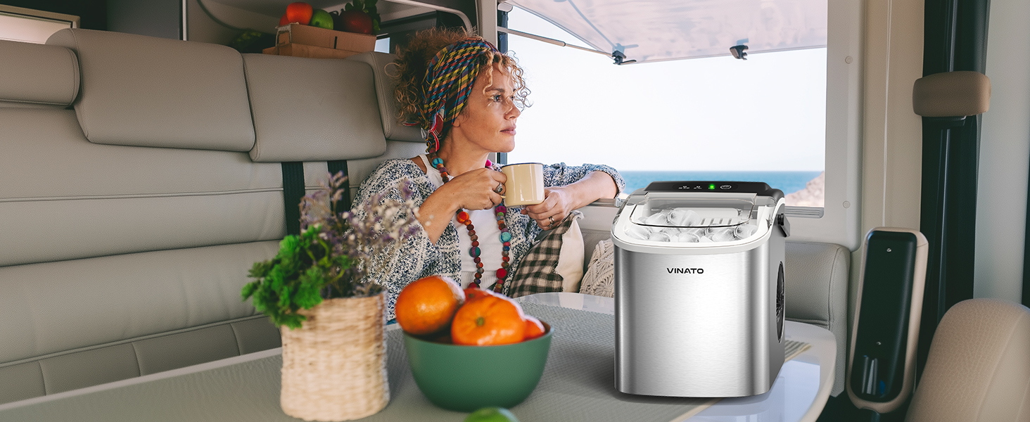 Машина для приготування льоду VINATO, компактна, 9 кубиків за 6-8 хвилин, портативна, продуктивність 12 кг/24 год, тиха робота, з лопаткою та кошиком для кухні, офісу, бару та вечірки, срібна