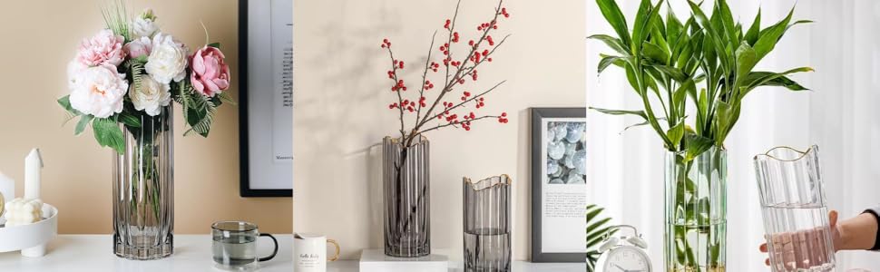 Висока скляна ваза для квітів, велика ваза-циліндр для декору столу (сіра, 12x12x30 см)