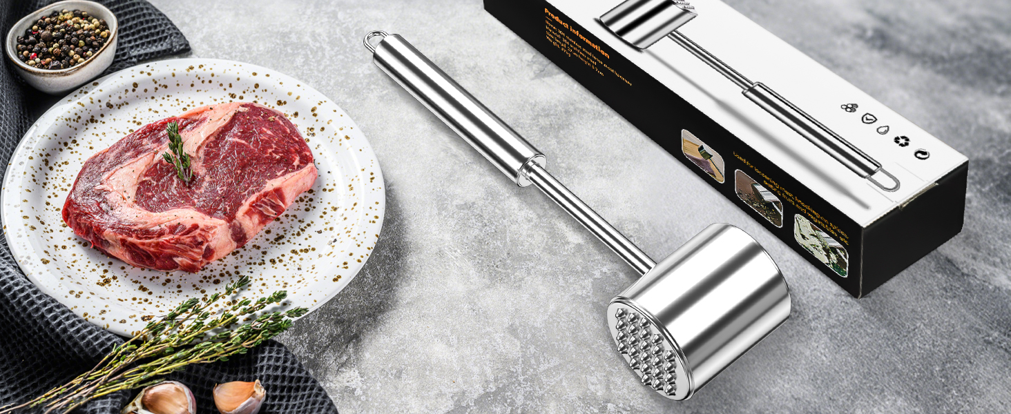 Кліпер для м'яса HOOMIL, двосторонній антипригарний, молоток для відбивання м'яса з неслизькою ручкою, для шніцелів та стейків, срібний (круглий, гладкий срібний)