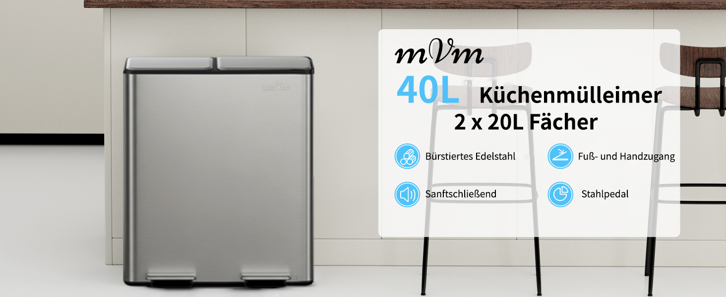 Сміттєвий бак mVm 60L з двома відсіками по 30 л, система Softclose, сірий