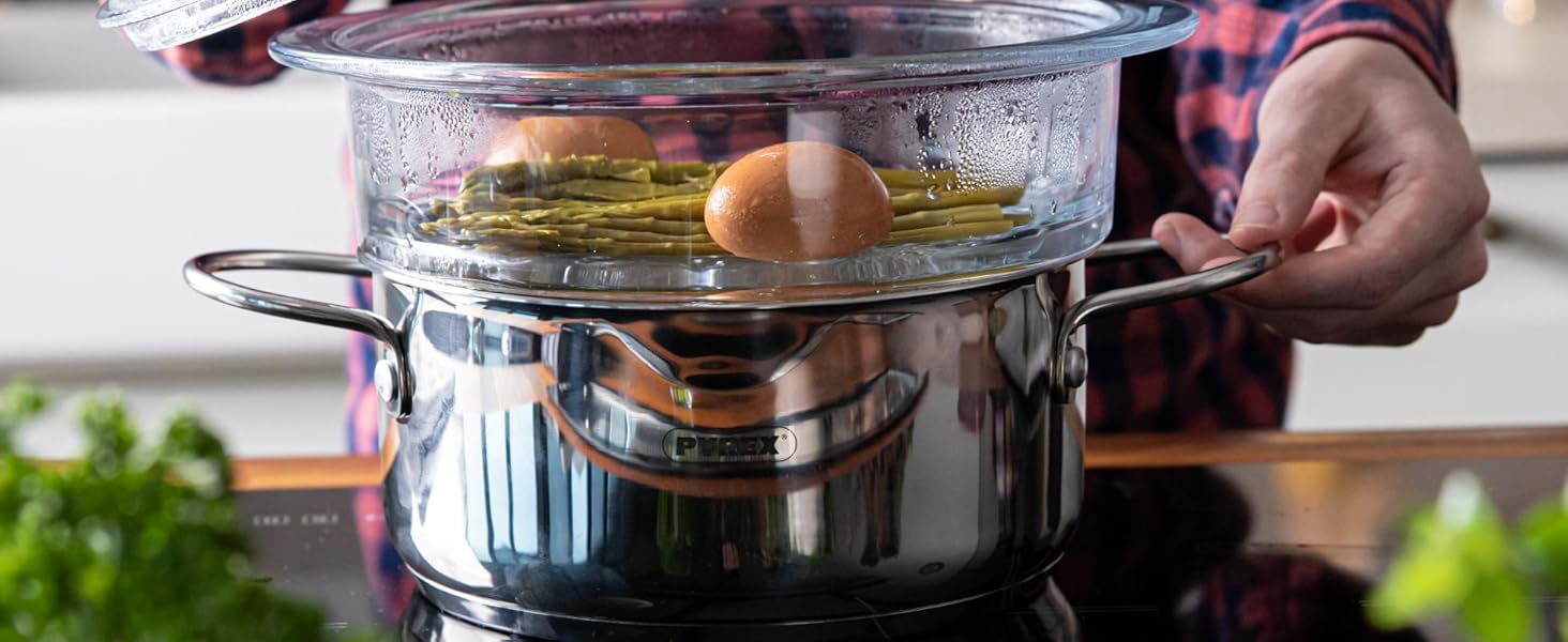 Пароварка з кришкою Pyrex, 20 см, для здорового приготування їжі на пару