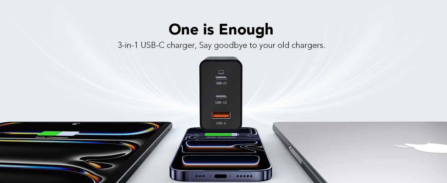 Зарядний пристрій USB C 65W 3-портовий, з кабелем 2м, для MacBook, iPhone, Switch, Galaxy, Tablet, Laptop, чорний