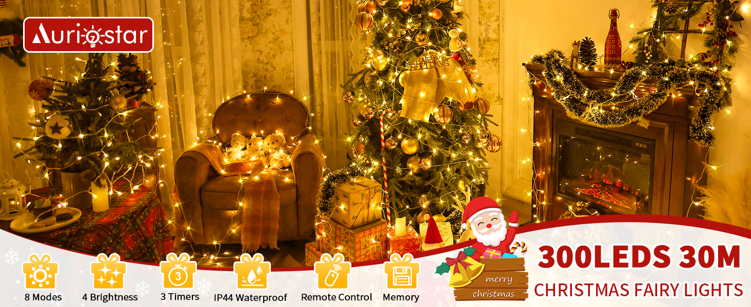 Гірлянда світлодіодна для прикраси саду, балкону, вікна, 30м, 300 LED, тепле біле світло, 8 режимів, таймер, IP44, для внутрішнього та зовнішнього використання