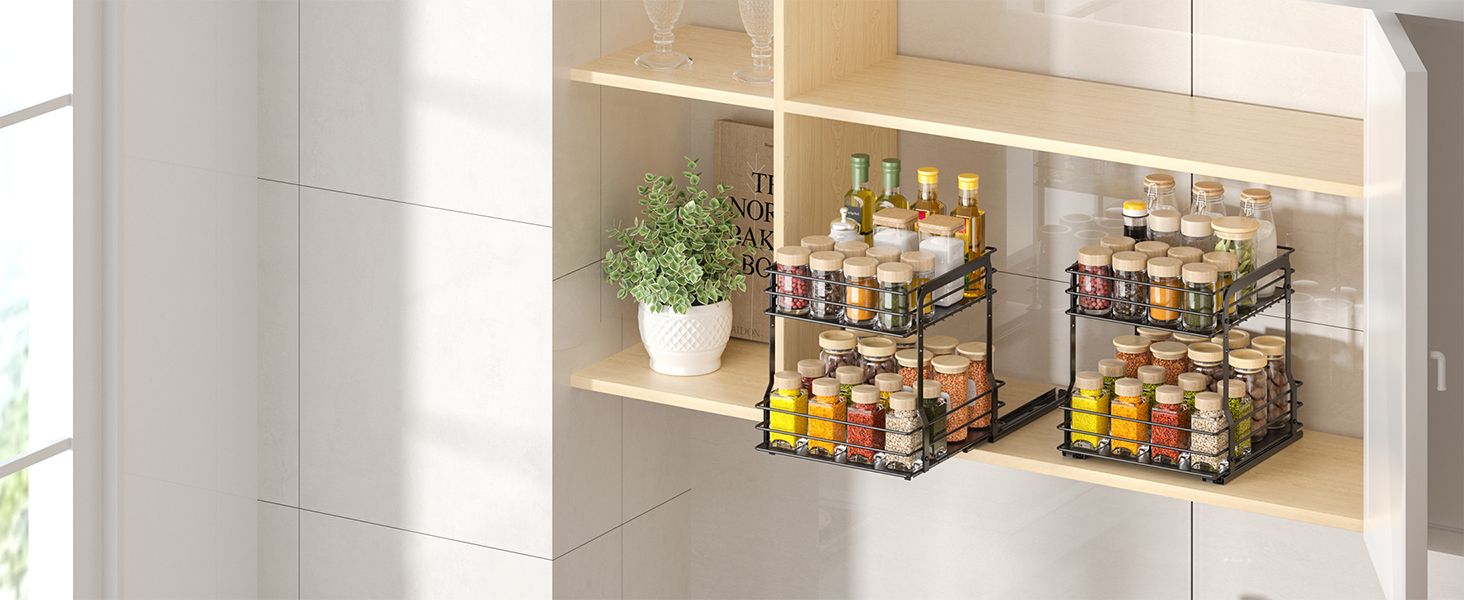 Висувна полиця для спецій, 2 яруси, органайзер для кухні, регульована висота, металева, чорний (26.4 x 12.5 x 24.3 см)