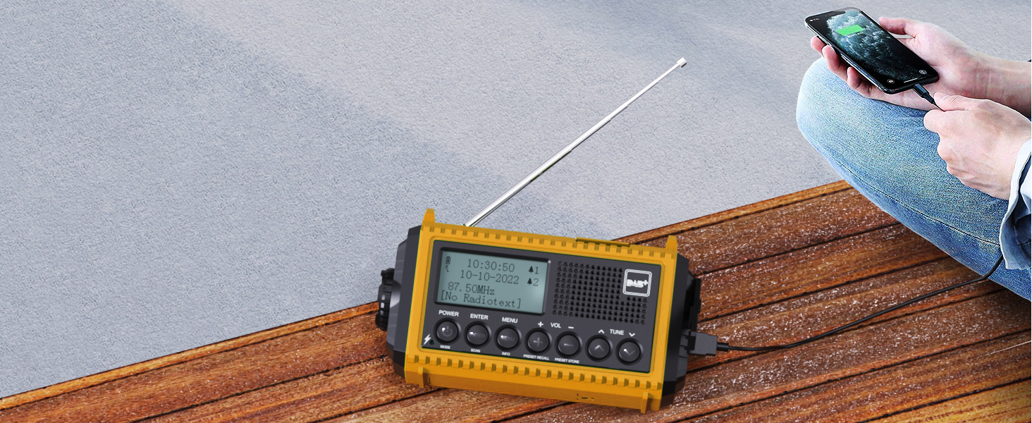 Радіоприймач Kurbelradio з DAB+/DAB/UKW, акумулятор 5000mAh, ліхтарик, аварійне радіо, USB-зарядка, FM, динамо, SOS-сигнал, для туризму та відпочинку на природі (жовтий)