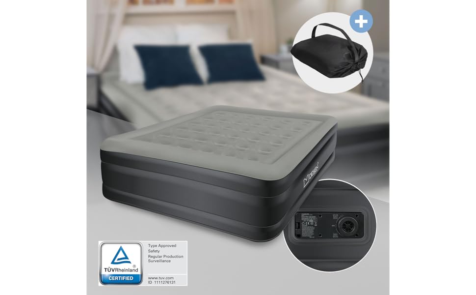 Надувна матрац 2 персони ML-Design 203x157x47 см сірий, сертифікат TÜV, самонадувний з електричною помпою 230V, для кемпінгу, гостьовий двоспальний матрац + сумка для перенесення сірий