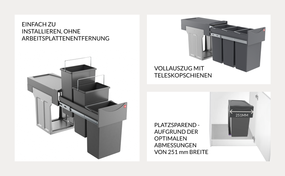 Вбудований сортер для сміття Hailo Terzett 3666131 - 3 секції, 10 л, повний висув, для шафок з дверцятами, сірий