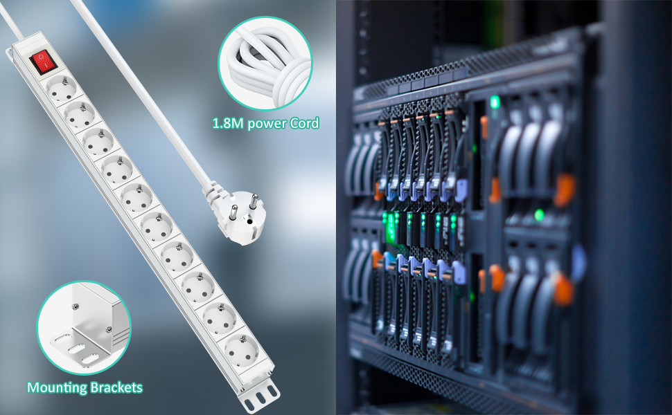 Мережевий фільтр 10 розеток з захистом від перенапруги, з вимикачем та поворотними кріпленнями, металевий корпус (білий)