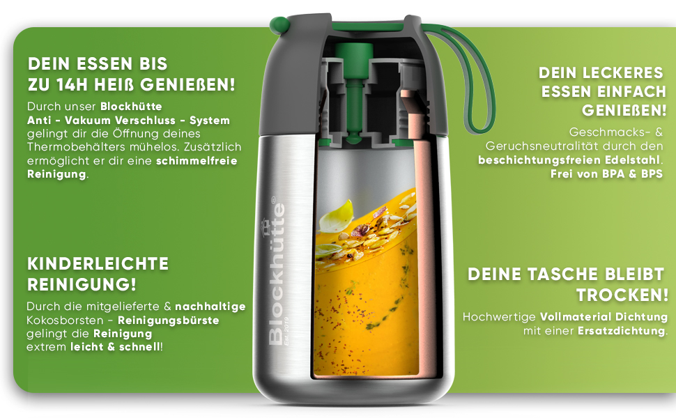 Термоконтейнер для їжі Blockhütte 530 мл, нержавіюча сталь, дитячий ланчбокс, BPA-free, без витоку, з антивакуумним клапаном, придатний для миття в посудомийній машині (сріблястий)