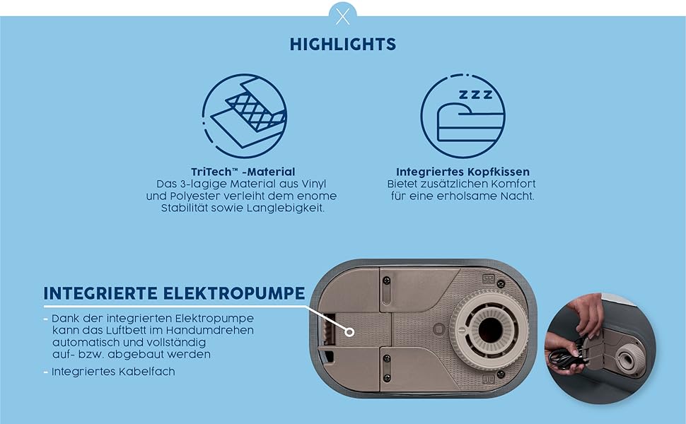Надувний матрац Novaluxe з вбудованим електронасосом та подушкою, сірий 191x97x38 см