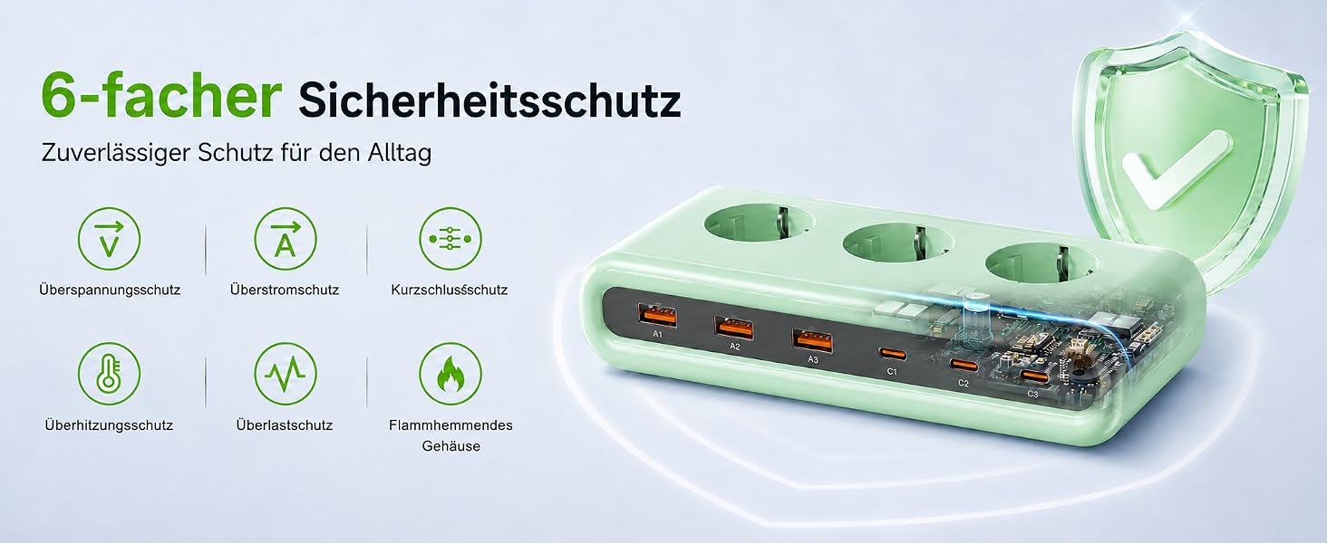 Мережевий фільтр 9-в-1 з 3 розетками та USB зарядним пристроєм, подовжувач з USB-портами, зелений