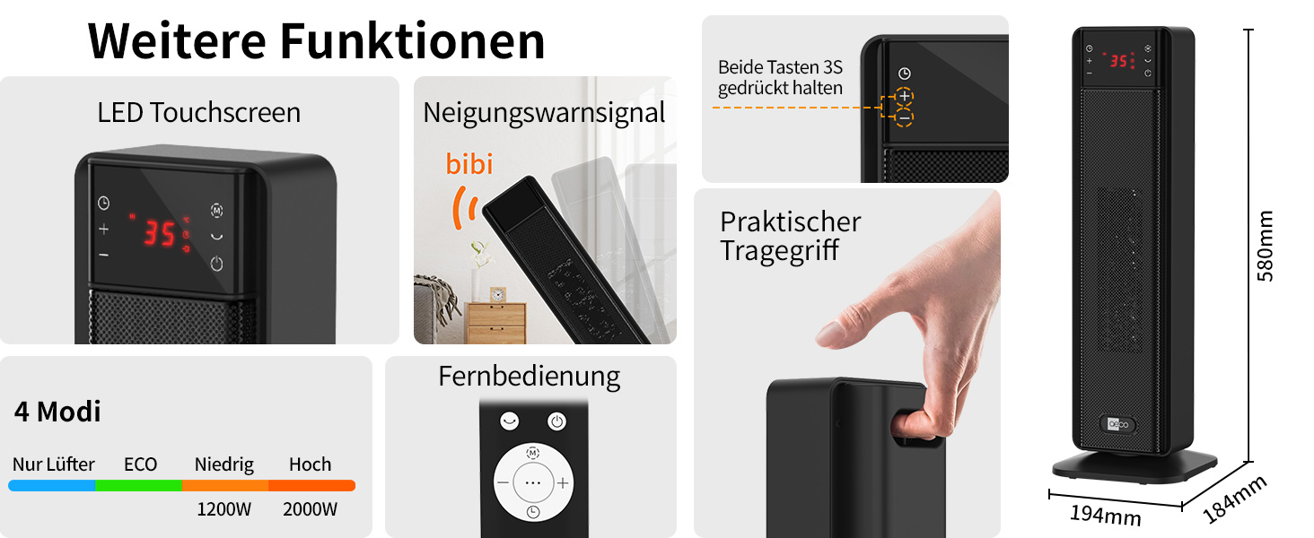 Електричний обігрівач Aeco EcoHeat Boost 58 см з пультом керування, 2000 Вт, LED ECO-режим, таймер 24 год, 4 режими, тиха кераміка, термостат, захист від перегріву та перекидання, осциляція. Smart Tower ECO