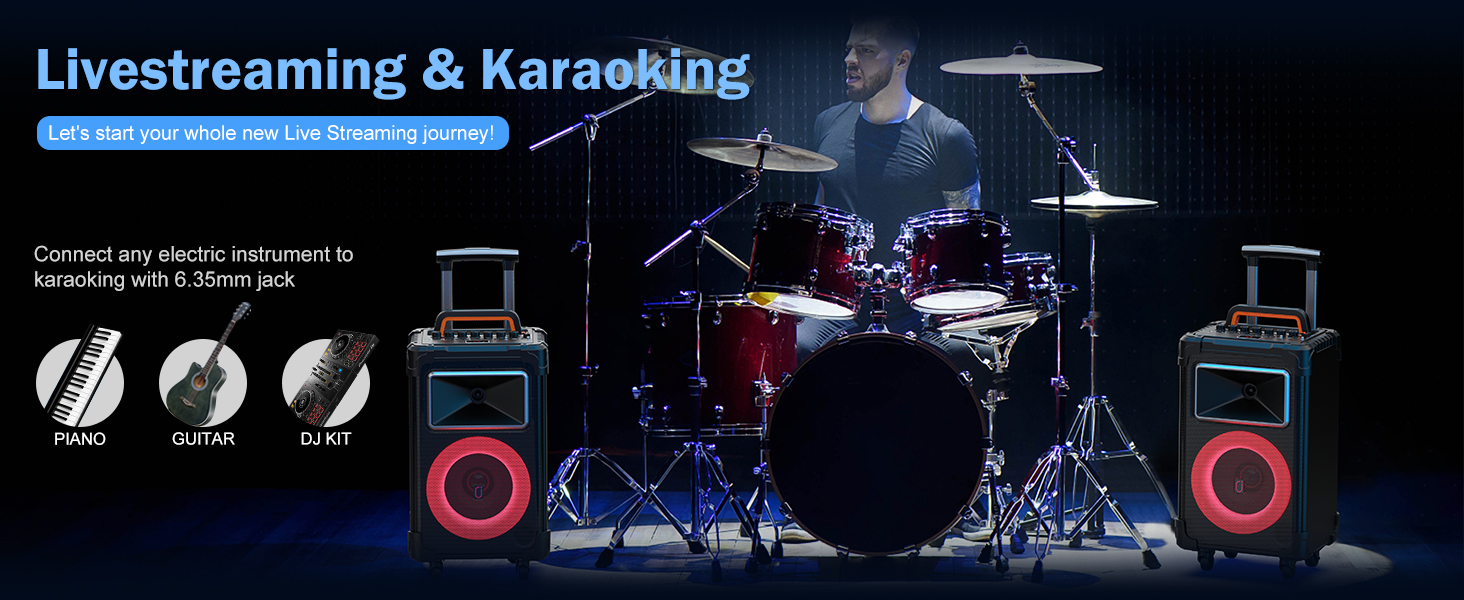 Караоке система JYX з 2 бездротовими мікрофонами, великим гучномовцем, Bluetooth, колесами та диско-світлом, сабвуфером PA, підтримкою TWS/USB/SD/AUX/Rec (Чорний)