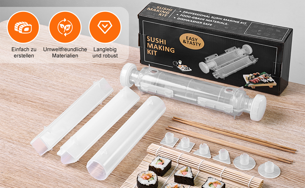 Набір для приготування суші: 3 форми, ролер, бамбукова килимок, палички. DIY для початківців та сім'ї