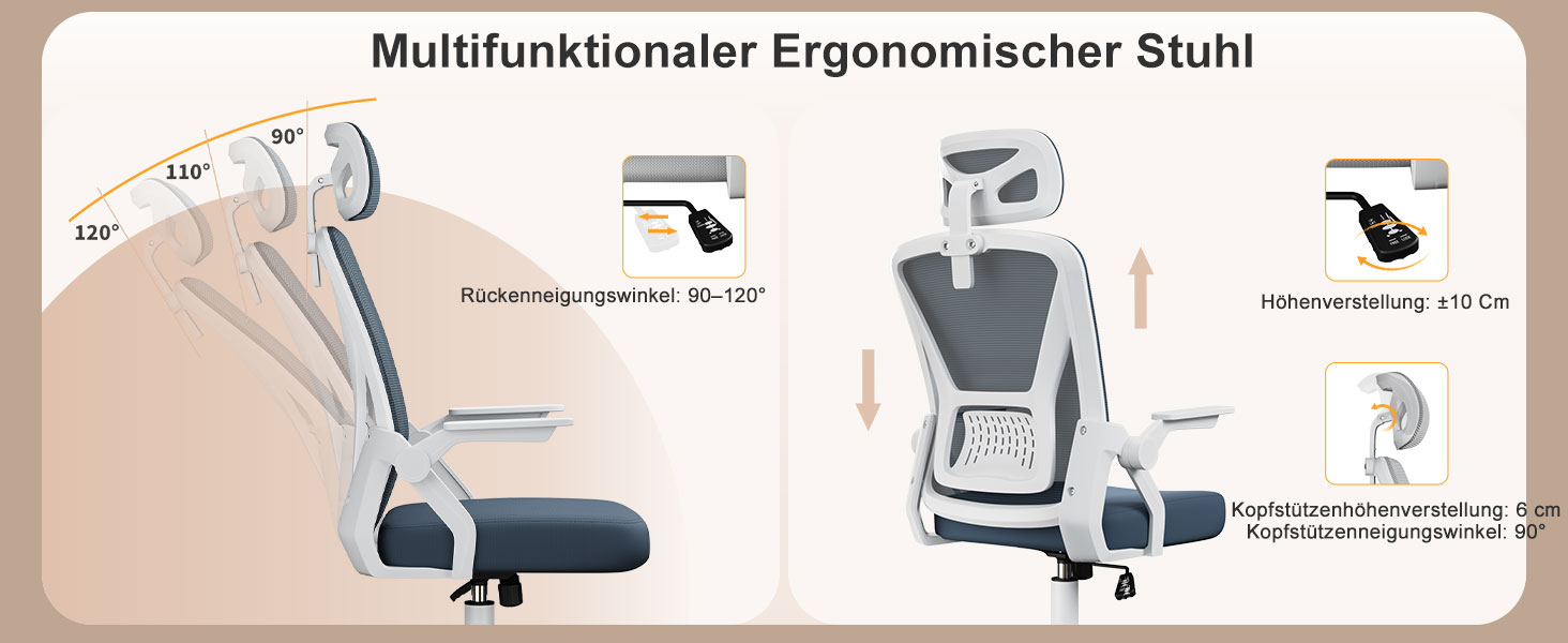 Офісний стіл Naspiro, ергономічне крісло з сітчастою спинкою, підтримка попереку, м'яке сидіння, регульована висота, для дому та офісу, сірий (темно-сірий, з підголовником)