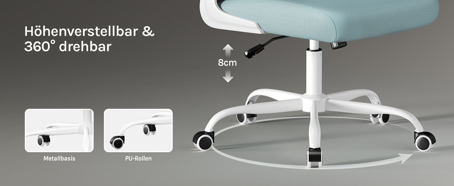 Крісло офісне WOLTU ергономічне, крісло для робочого столу з функцією гойдання, регульована підголовник, поворотні підлокітники, підтримка попереку, офісне крісло, витримує 150 кг (Блакитний)