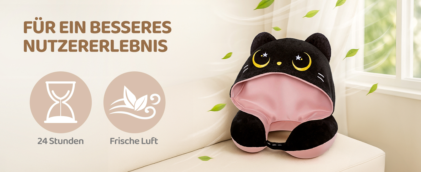 Подушка для шиї Mewaii для подорожей, двостороння подушка для дорослих, подушка для шиї з memory foam для літаків, подушка для шиї з котячою капюшоном, регульований ремінь (Рожева)