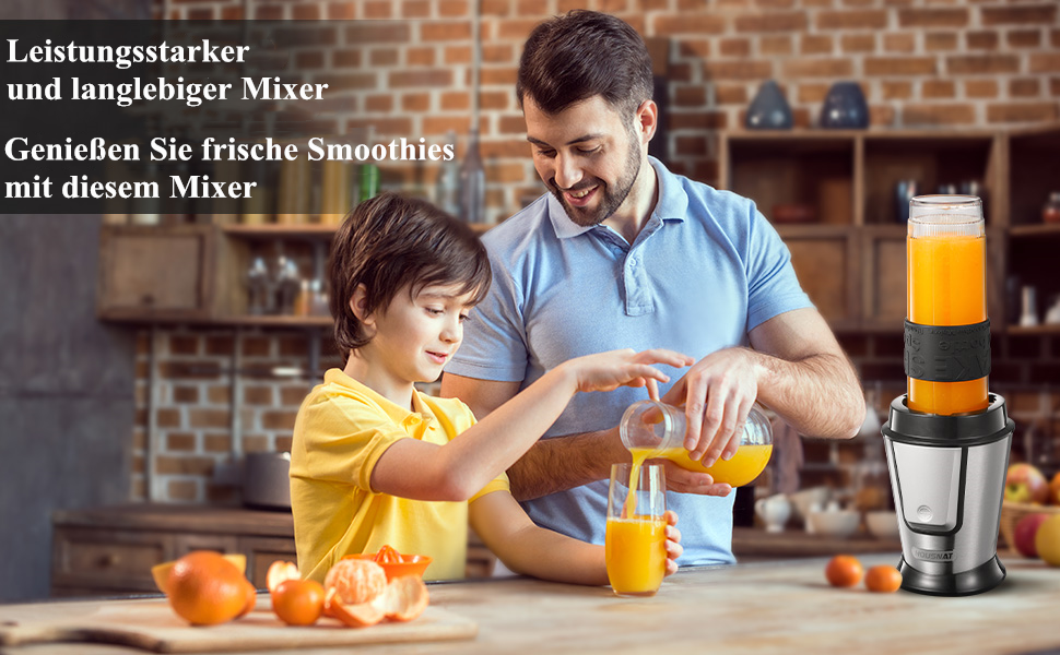 Блендер HOUSNAT Smoothie Maker To Go: портативний, 500W, з пляшкою 570мл, нержавіюча сталь, BPA-free, для смузі та напоїв