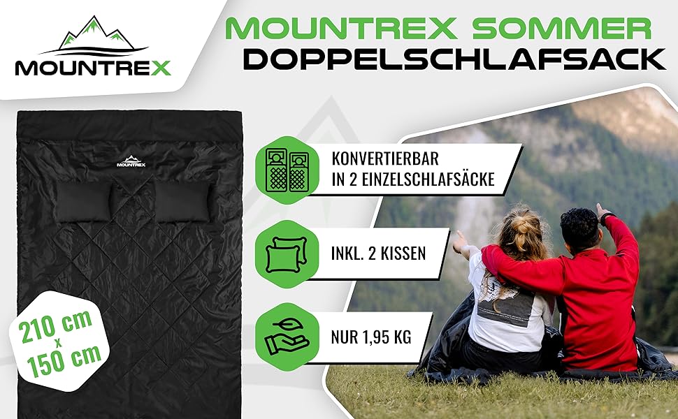 Mountrex Double Sleeping Bag - Summer Sleeping Bag for 2 People (210 x 150cm) - Double Sleeping Bag - XXL Summer Sleeping Bag with 2 Pillows for Adults - Camping, Outdoor & Indoor Use - Black