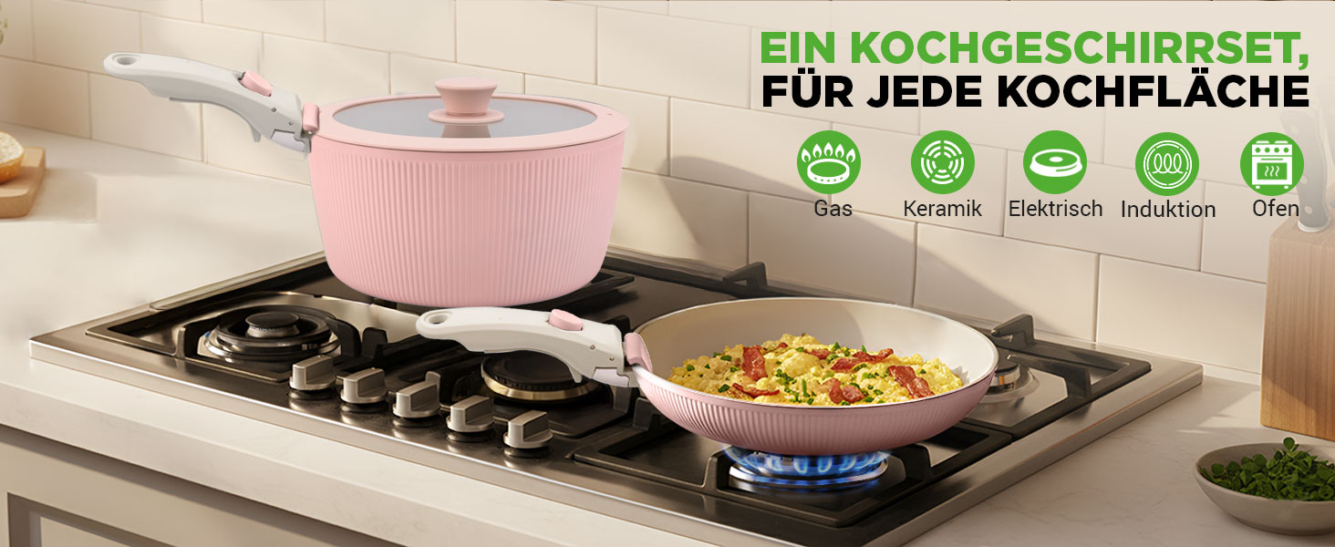 Набір посуду NutriChef 18 предметів керамічний рожевий з знімними ручками, для індукційних плит, антипригарний, компактний, для духовки, універсальний