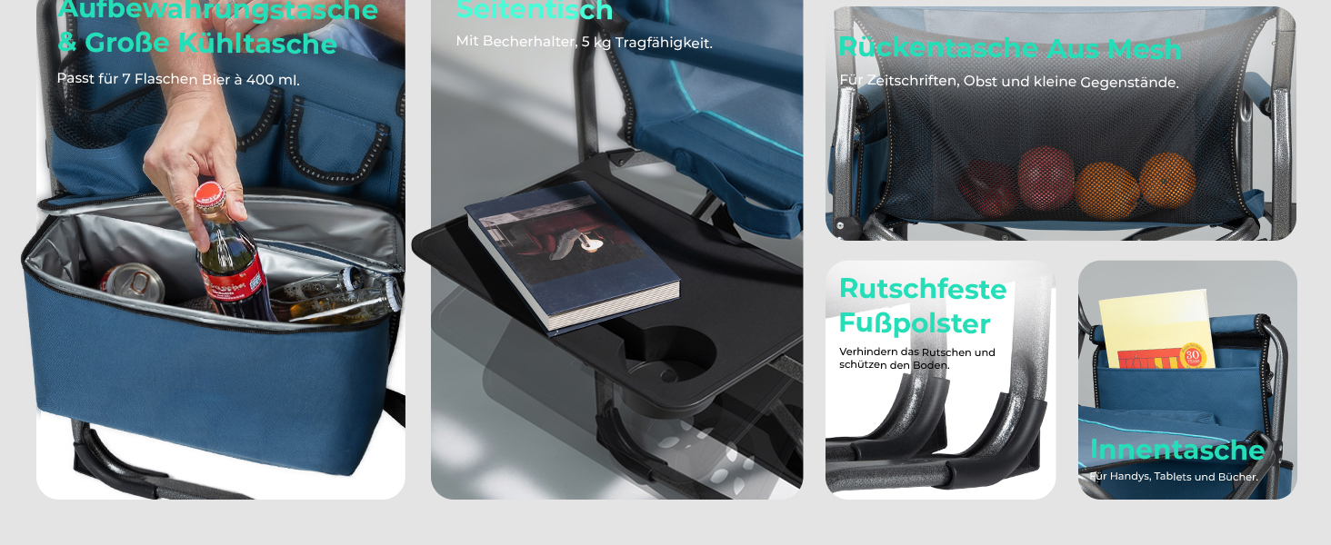 Кемпінговий стілець OVERMONT складний з бічним столиком та охолоджувальною сумкою, до 180 кг - блакитно-сірий