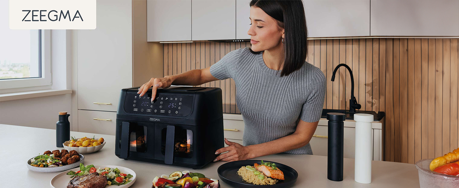 Фритюрниця з гарячим повітрям ZEEGMA KNAPPER DUAL, 1700 Вт, 2 відсіки, 9 л, таймер 60 хв, 11 програм, 60-200 °C, швидкий нагрів, сенсорне керування, чорний