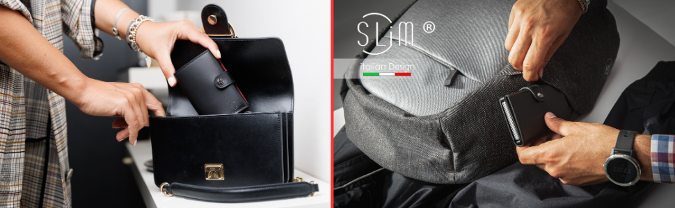 Стильний гаманець Slim Geldbörse для чоловіків та жінок з RFID захистом, відділенням для монет. Зроблено в Італії (Чорний/Червоний)