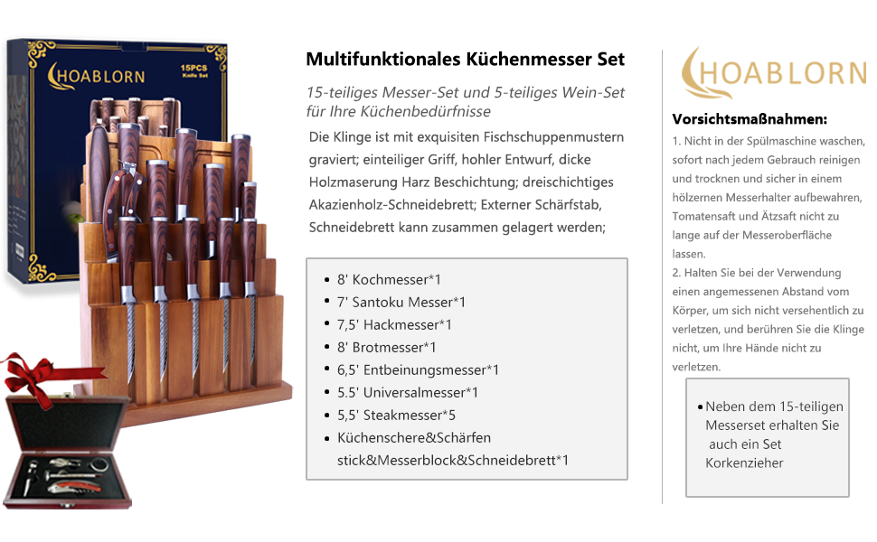 Набір кухонних ножів Hoablorn 15 предметів з блоком: високоякісні ножі з акціїєю, підставка з міцним магнітом, ідеальний подарунок на новосілля та весілля