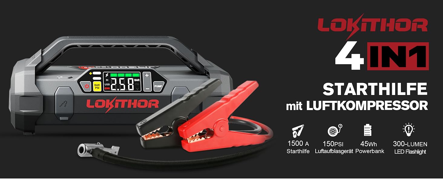 Бустер-стартер LOKITHOR JA300 з компресором 150 PSI та Powerbank 1500A для автомобіля