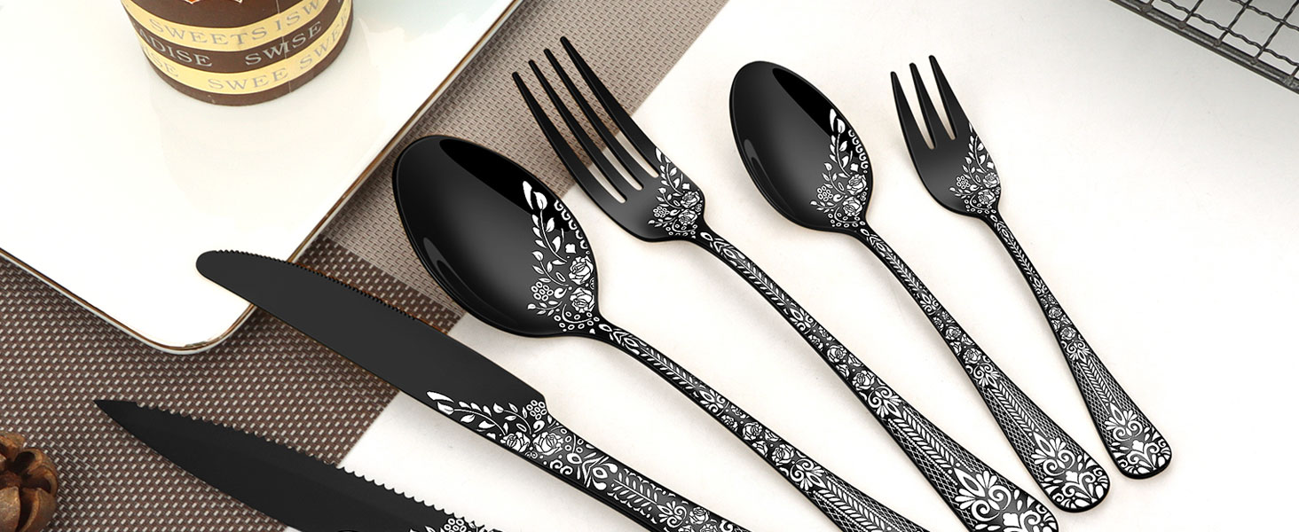 Набір столових приборів HONKKU, 36 предметів, чорний, нержавіюча сталь, з набором ножів для стейка, для 6 осіб