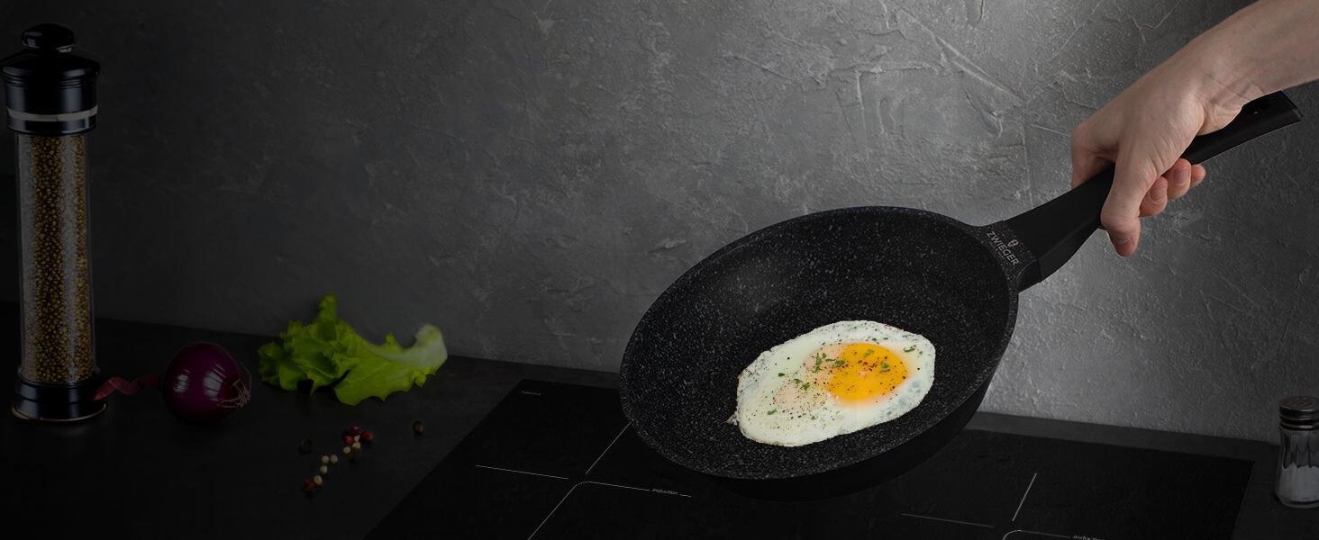 Велика сковорода Zwieger 28 см з кришкою, алюмінієвий литий корпус, високий бортик, індукційне дно з нержавіючої сталі, антипригарне покриття без PFOA та PFOS, для всіх типів плит