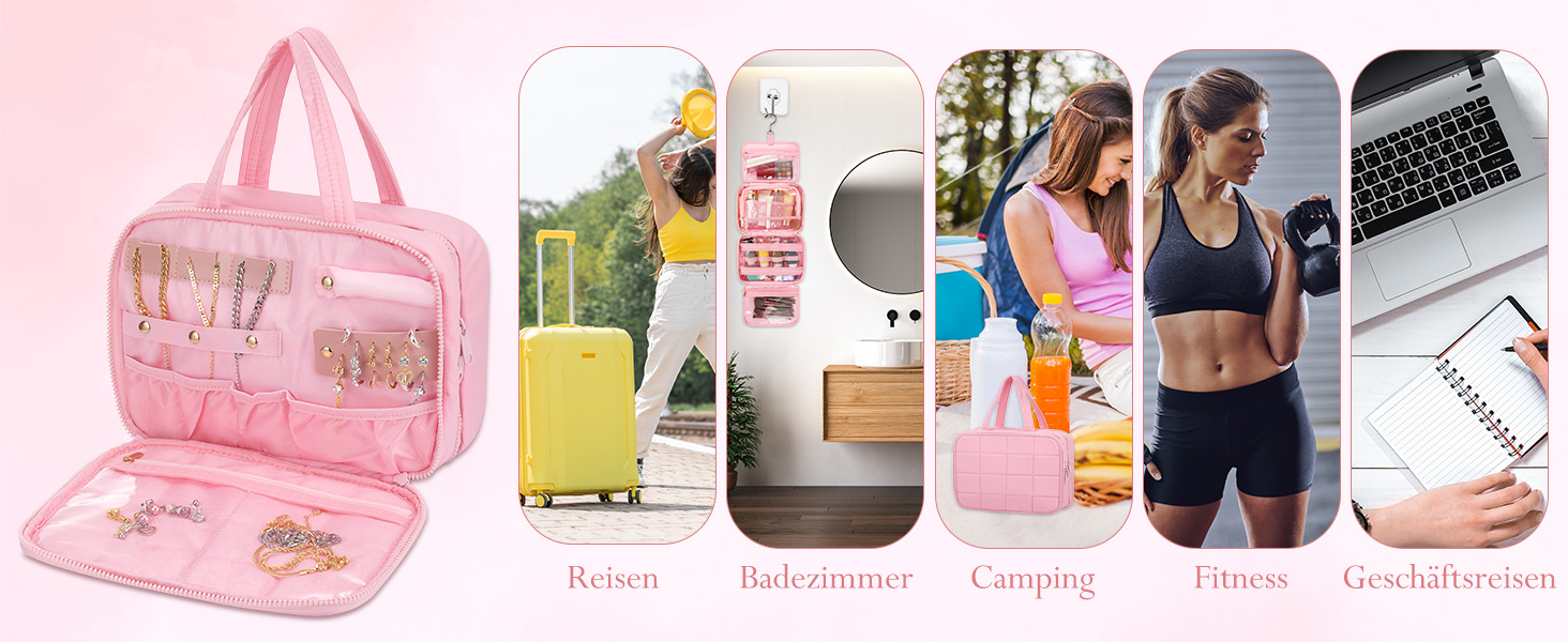 Кришталево-рожева дорожня косметичка для жінок з організатором для прикрас та гачком, водонепроникна, з кількома відділеннями