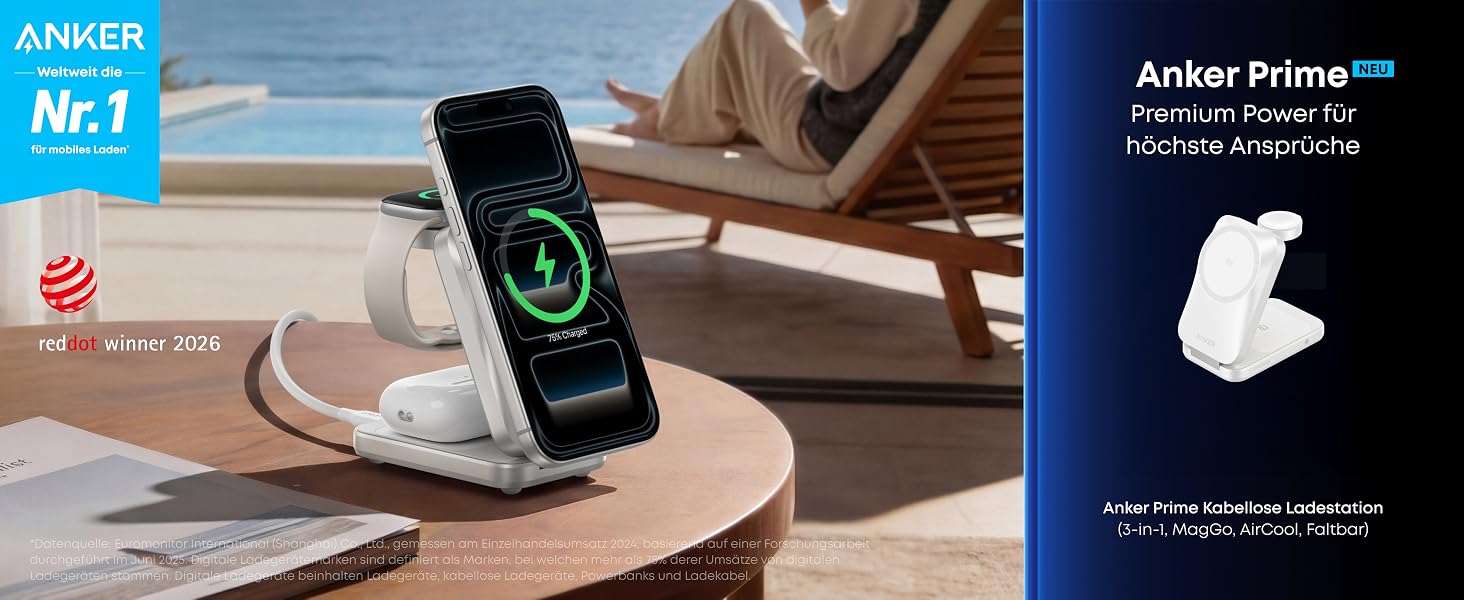 Зарядна станція Anker Prime 3-in-1 Qi2 25W з системою охолодження AirCool, бездротовий зарядний пристрій (білий)