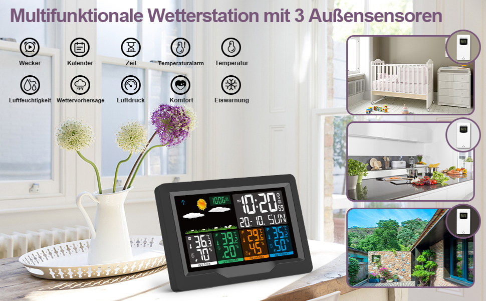 Jelly Weather Station Radio with 3 Outdoor Sensors, Color Display, Radio Weather Stations Indoor Thermometer Hygrometer Outdoor Thermometer Station, Radio Weather Station with Weather Forecast, Temperature, Humidity