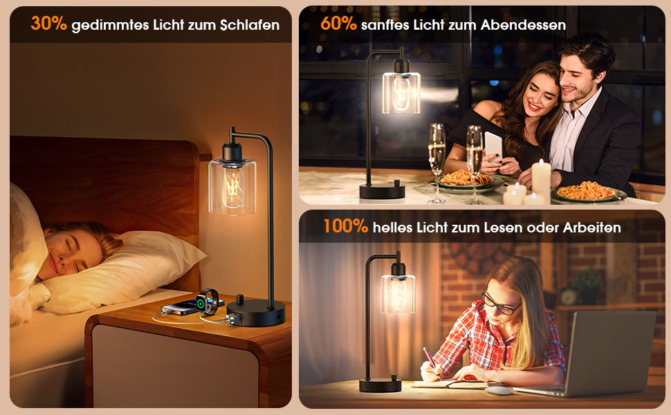 Настільна лампа 2 шт. з USB зарядкою (A+C), LED, тканинний абажур, регулювання кольору, для спальні, вітальні, дитячої, офісу (індустріальний стиль)