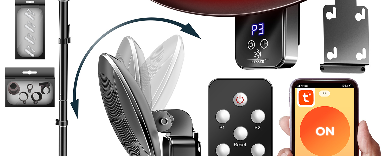 Інфрачервовий обігрівач KESSER® 2000W з Wi-Fi та пультом дистанційного керування, 360° обертання, регулювання висоти, підставка та настінний монтаж, захист від перекидання, IPX4 вологозахист, для тераси, балкону та саду, чорний