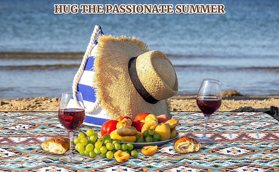 Плед для пікніка Boho 200x200 см, водонепроникний, антипісочний, з ручкою та кілочками, XL килимок для кемпінгу, пляжу, парку, прогулянок в стилі бохо