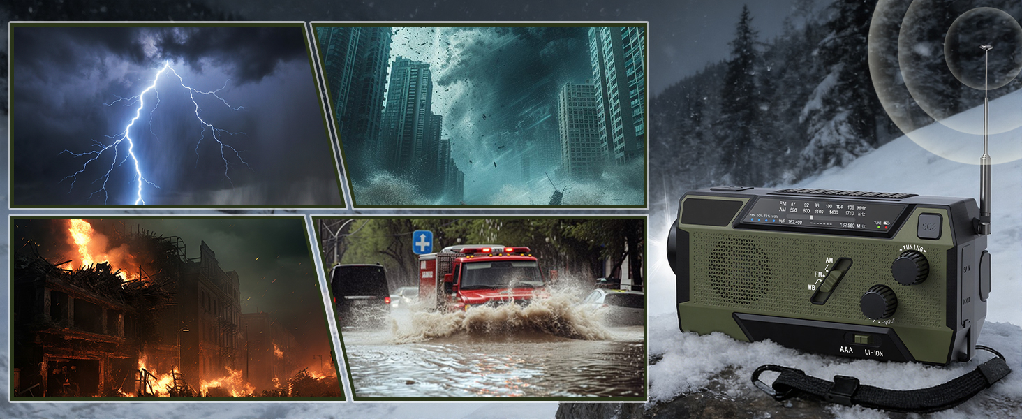Радіо-кринка Notfall Weltempfänger 4000 mAh (14800 mWh) з 3 кабелями. Радіо для надзвичайних ситуацій з ручкою та сонячною панеллю, живлення від акумулятора, AM/FM/WB, SOS-сигнал, ліхтарик для надзвичайного спорядження Green