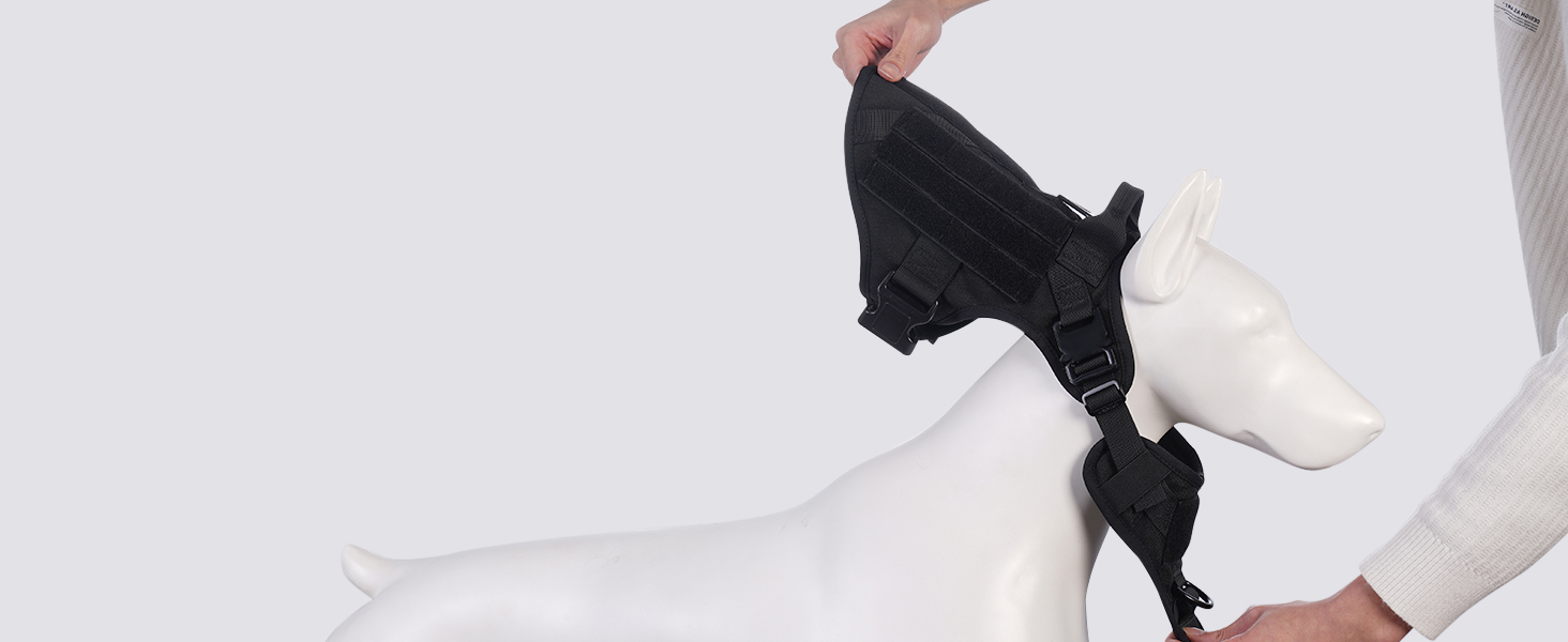 Шлейка для собак Rabbitgoo для великих собак без натягу, тактична нагрудна шлейка з MOLLE, металеві пряжки, дихаюча, військова, чорна, розмір L (1 шт.)